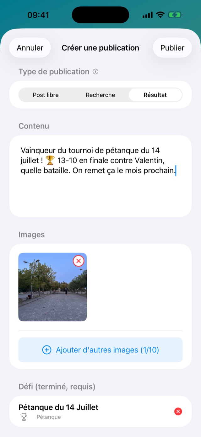 Publication du résultat d'un défi